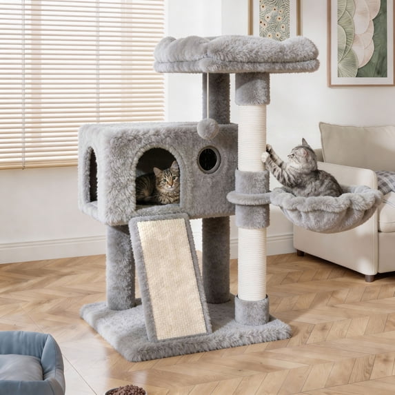 Amolife 36.6" Cat Tree Tower for Indoor Cats, Cat Condo with Plush Perch, Sisal Scratching Posts & Ramp, Cozy Cat Furniture, Gray