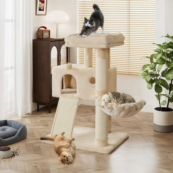 Amolife 36 Inch Cat Tower Multi-Level Cat Tree with Scratching Posts Kitty Pet Play House, Beige
