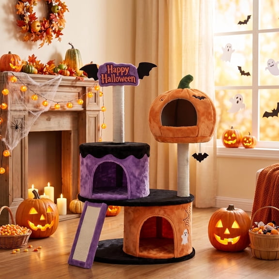 Amolife 43" Gothic Cat Tree Tower for Indoor Cats, Multi-Level Pet Furniture with Hiding Condos and Scratching Post, Halloween