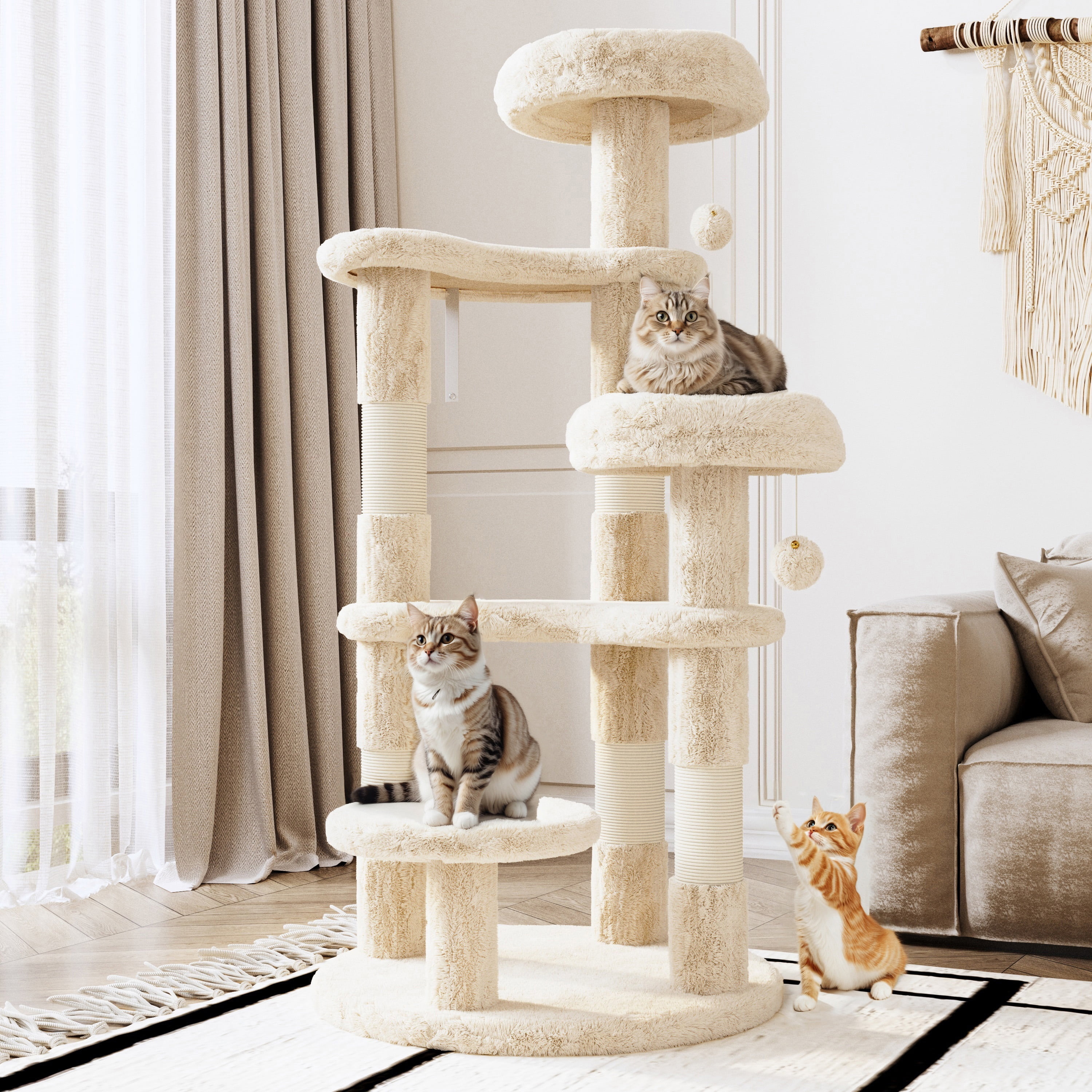 Amolife 55.5" Large Cat Tree and Tower with 5 Scratching Posts, Cat Perches for Indoor Cats and Kittens, Beige