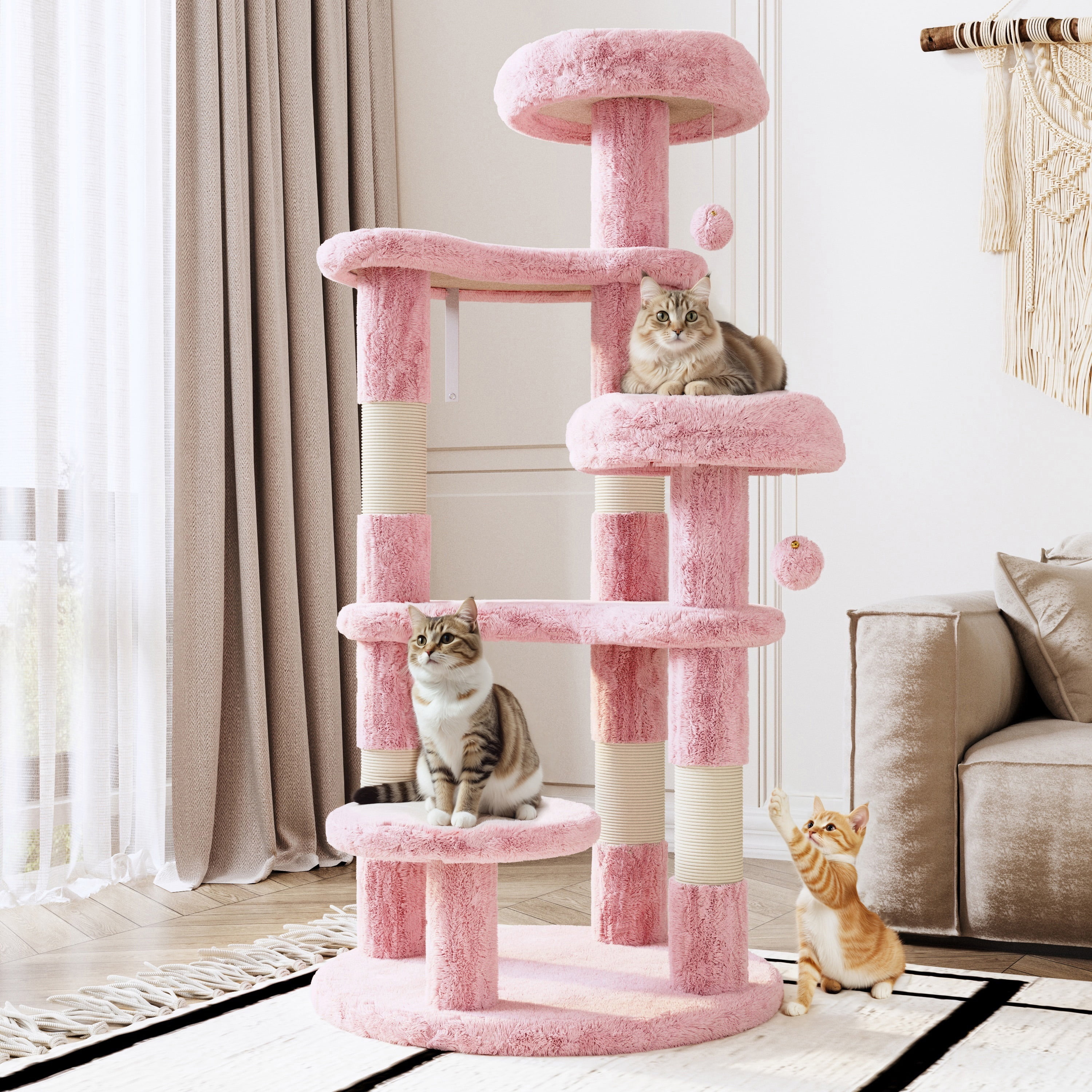 Amolife 55.5" Large Cat Tree and Tower with 5 Scratching Posts, Cat Perches for Indoor Cats and Kittens, Pink