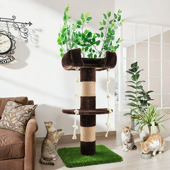 Amolife 55" Cat Tree Tower Condo with Leaves, Lawn & Scratching Post, Green & Brown