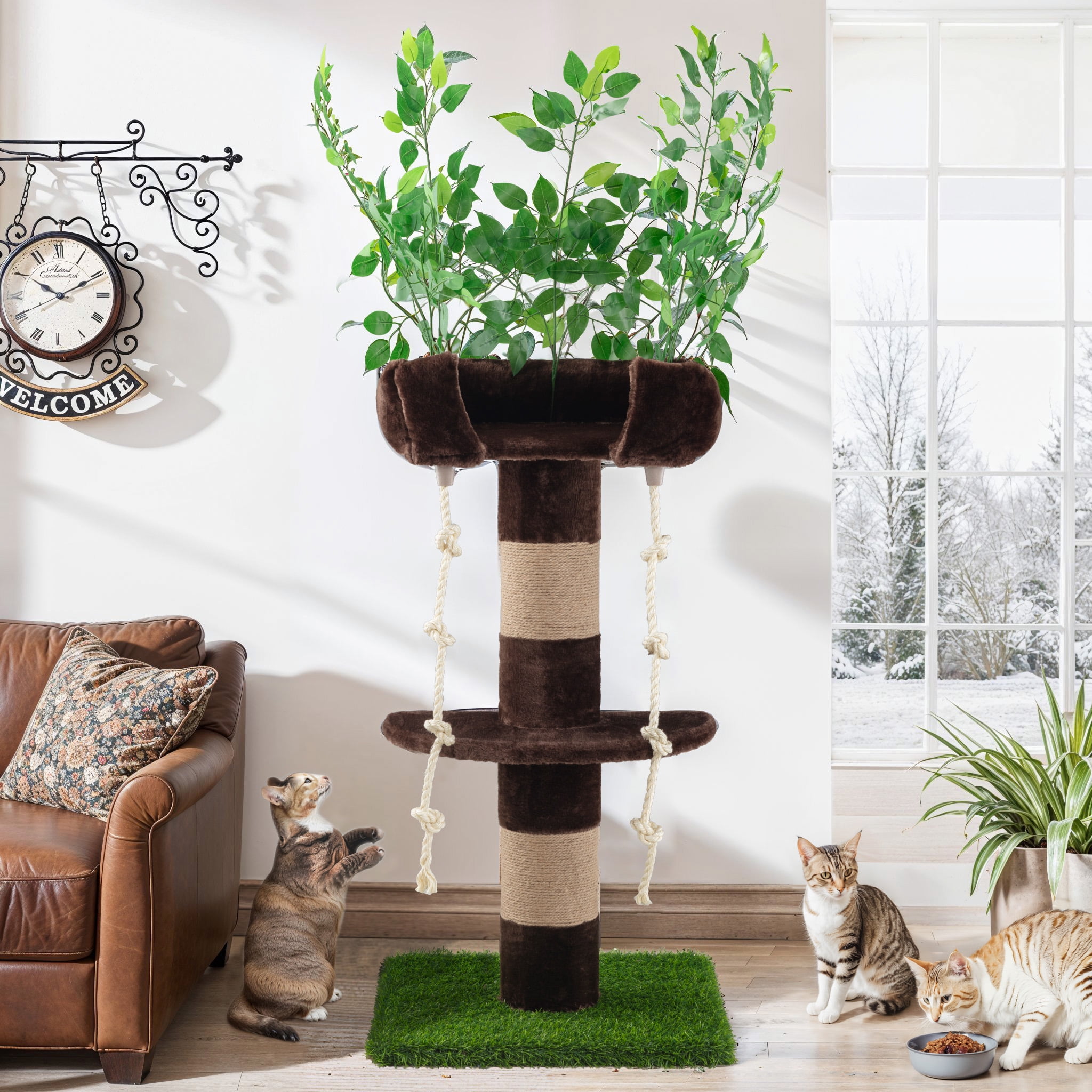Amolife 55" Cat Tree Tower Condo with Leaves, Lawn & Scratching Post