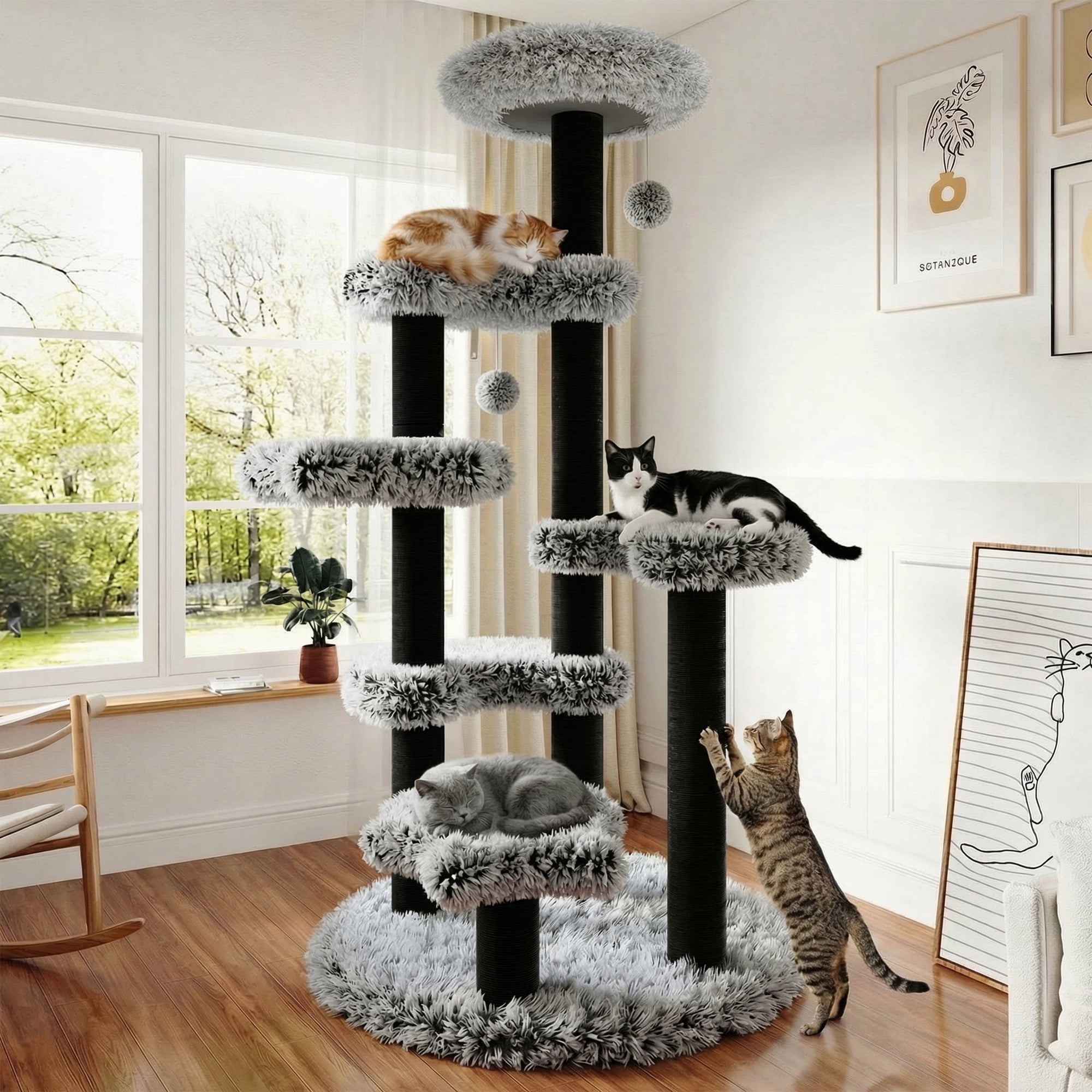 Amolife 61.5" Large Plush Cat Tree Tower with Platforms, 2 Toy Balls with bells, Scratching Posts and Widened Base for Indoor Cats and Kittens, Black and White