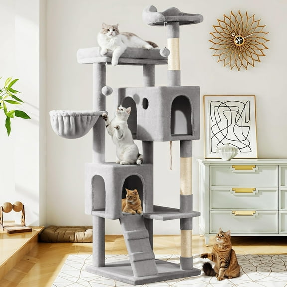 Amolife 64" Large Cat Tree and Tower with Stair, Condo House & Scratching Posts for Indoor Cats, Gray