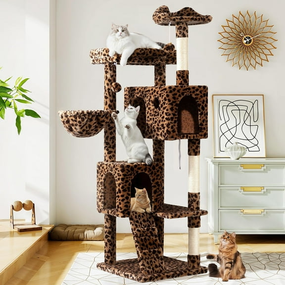 Amolife 64" Large Cat Tree and Tower with Stair, Condo House & Scratching Posts for Indoor Cats, Leopard Print