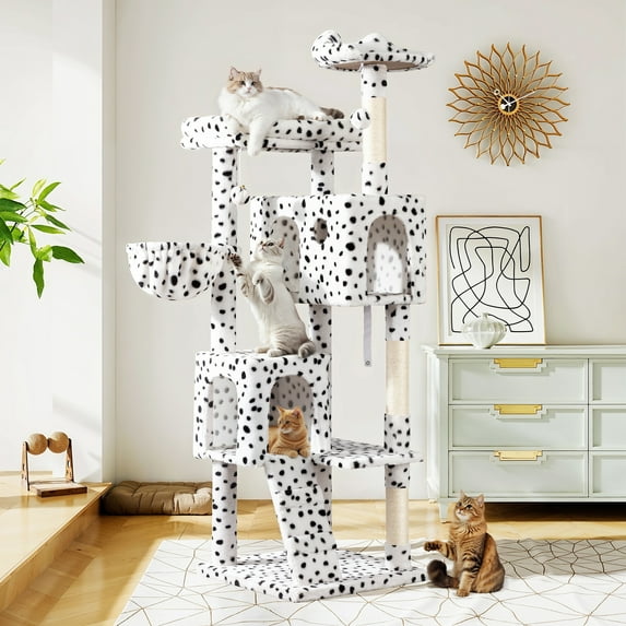 Amolife 64" Large Cat Tree and Tower with Stair, Condo House & Scratching Posts for Indoor Cats, White & Black Spot
