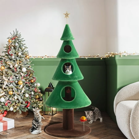 Amolife 63" Christmas Cat Tree and Tower Condo with Balls & Cat Teaser, Green