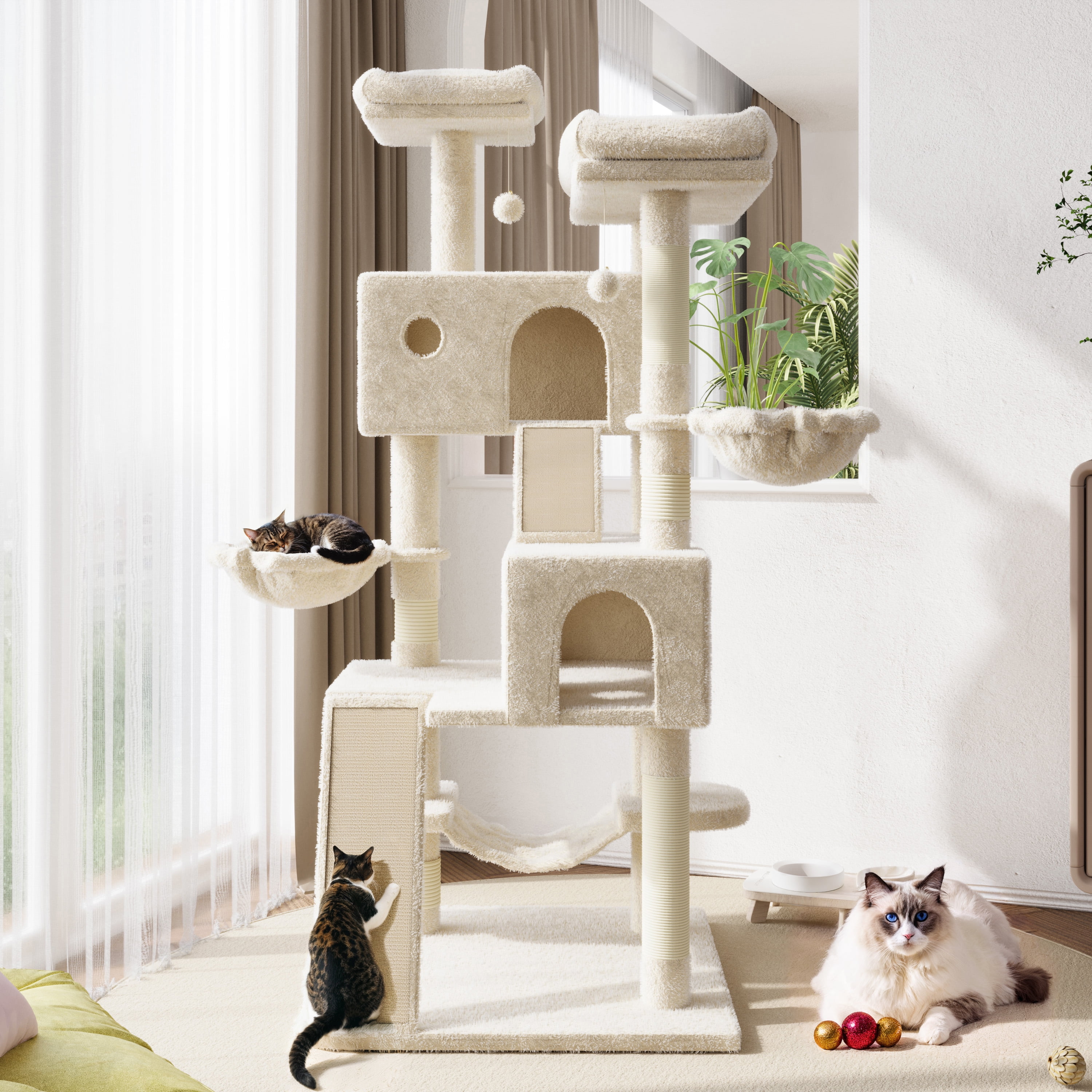 Amolife 65.7" Cat Tree Tower Condo for Large Cats with Hammock