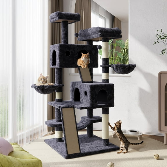 Amolife 65.7" Large Cat Tree and Tower Condo for Cats with 2 Scratching Boards, Hammock & Post, Dark Blue