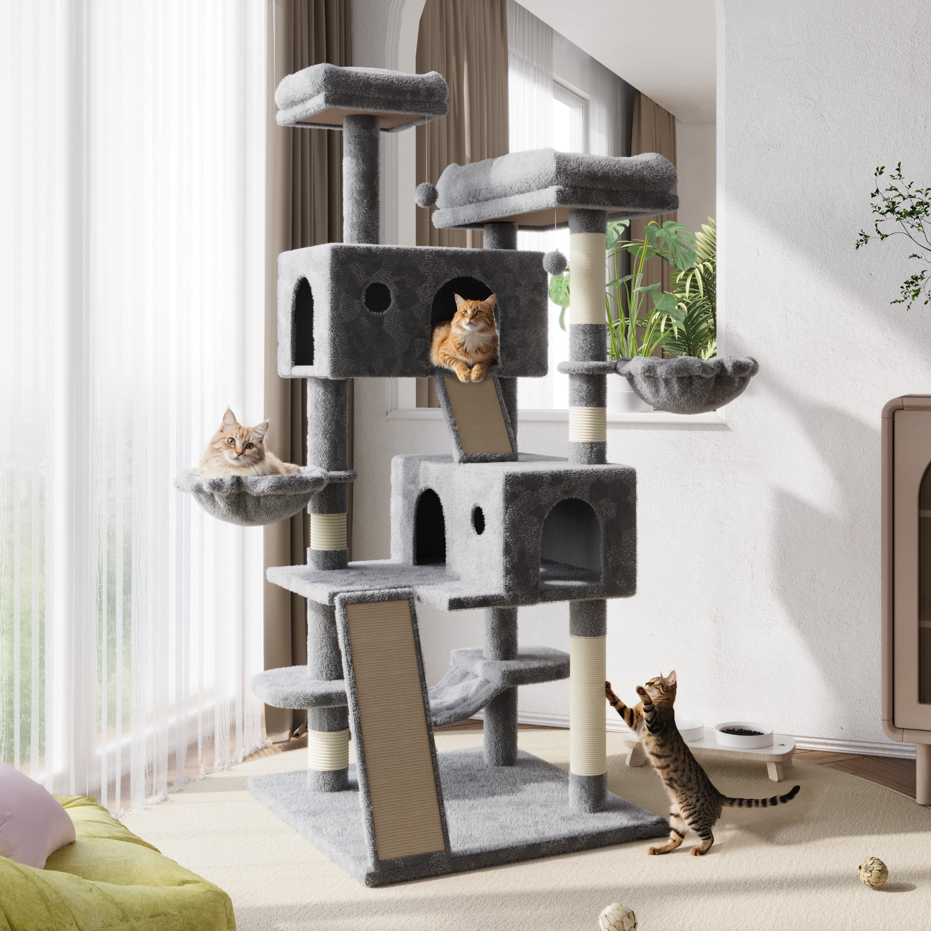 Amolife 65.7" XL Indoor Pet Tree House, Cat Tower Condo for Large Cats with Hammock, Scratching Post & Basket, Gray