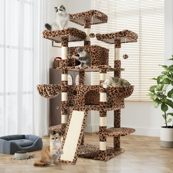 Amolife 68" X-Large Cat Tree and Tower for Indoor Cats, Condo House with Scratching Board & Thick Posts, Leopard Print