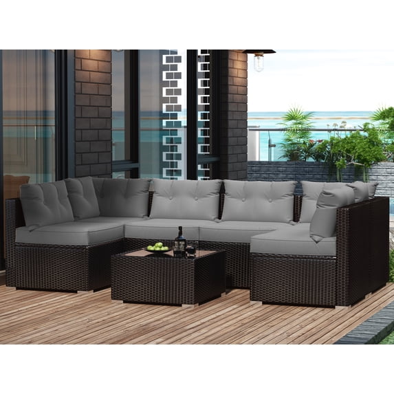 Amolife 7 Piece Outdoor Conversation Set, All-Weather Wicker Rattan Sectional Sofa Set with Cushions & Coffee Table, Morden Furniture Couch Set for Patio Deck Garden Pool