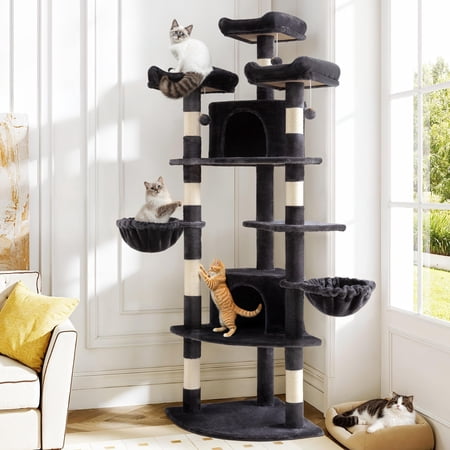 Amolife 73.6" Extra Large Corner Cat Tree, Fan-Shaped Tower with Scratching Posts & Condo House for Indoor Cats, Dark Blue