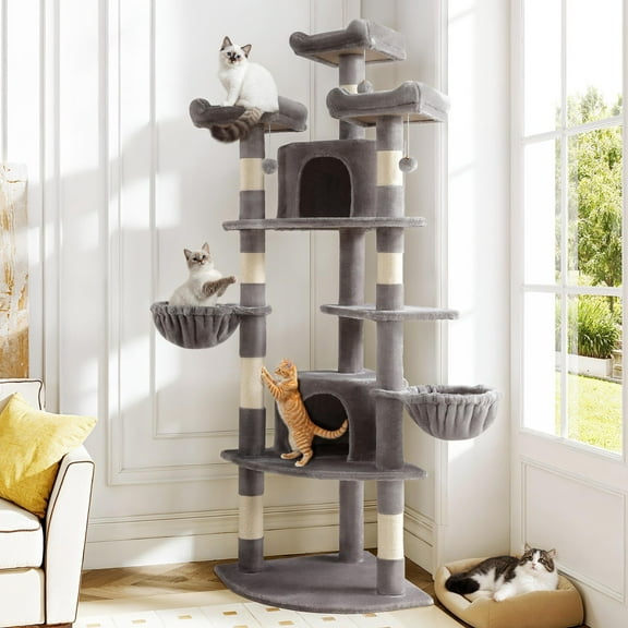 Amolife 73.6" Extra Large Corner Cat Tree, Fan-Shaped Tower with Scratching Posts & Condo House for Indoor Cats, Gray