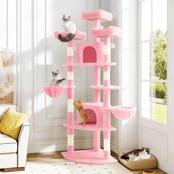 Amolife 73.6" Extra Large Corner Cat Tree, Fan-Shaped Tower with Scratching Posts & Condo House for Indoor Cats, Pink
