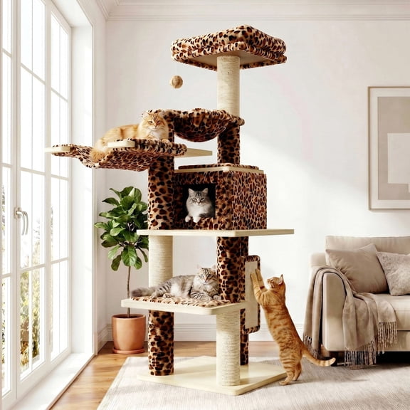 Amolife 77" Multi-Level Large Cat Tree Tower with Hiding Condos, Hammocks and Scratching Posts, Heavy Duty, Leopard Print