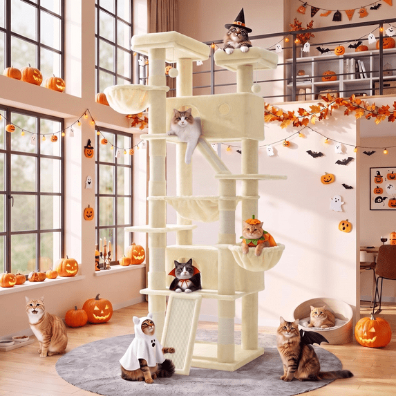 Amolife 81" Large Cat Tree Tower for Large Cats with Cat Condo Hammock, 2 Scratching Ramps, 6 Scratching Posts, Beige