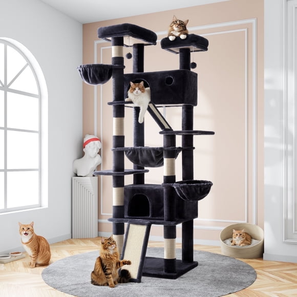 Amolife 81" Large Cat Tree Tower for Large Cats with Cat Condo Hammock, 2 Scratching Ramps, 6 Scratching Posts, Blue
