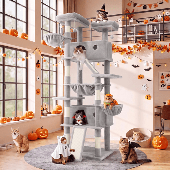 Amolife 81" Large Cat Tree Tower for Large Cats with Cat Condo Hammock, 2 Scratching Ramps, 6 Scratching Posts, Grey