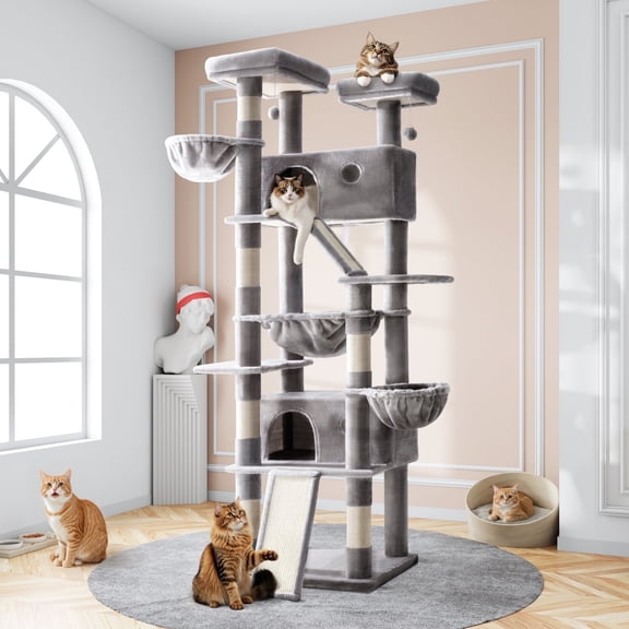 Amolife 81" Large Cat Tree Tower for Large Cats with Cat Condo Hammock, 2 Scratching Ramps, 6 Scratching Posts, Grey