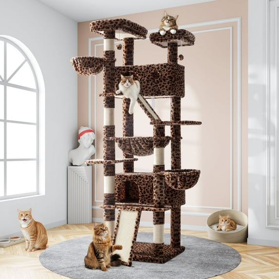 Amolife 81" Large Cat Tree Tower for Large Cats with Cat Condo Hammock, 2 Scratching Ramps, 6 Scratching Posts, Leopard Print