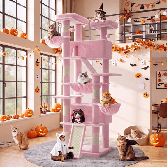 Amolife 81" Large Cat Tree Tower for Large Cats with Cat Condo Hammock, 2 Scratching Ramps, 6 Scratching Posts, Pink