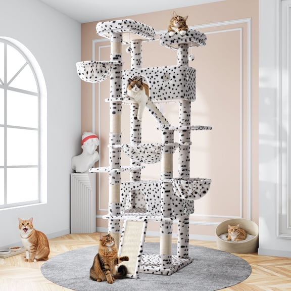 Amolife 81" Large Cat Tree Tower for Large Cats with Cat Condo Hammock, 2 Scratching Ramps, 6 Scratching Posts, White/Black Spot