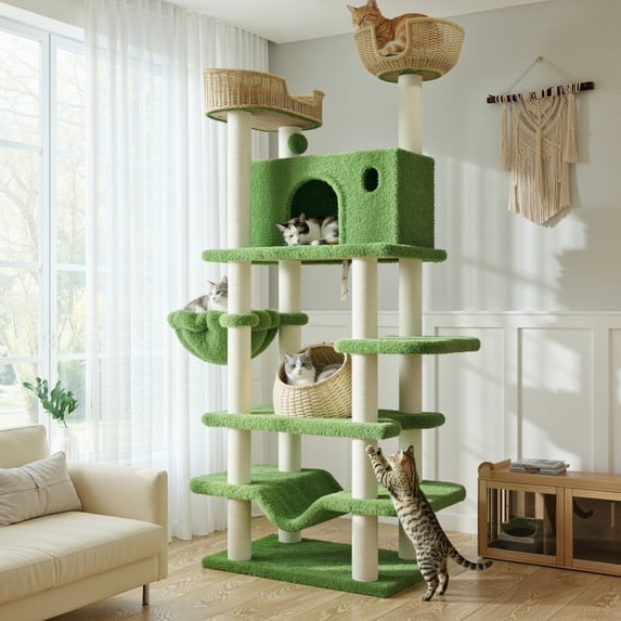 Amolife 82"Large Cat Tree Tower with Teddy Fleece Rattan Condo, Basket, Hammock and Scratching Posts for Indoor Cats and Kittens, Green