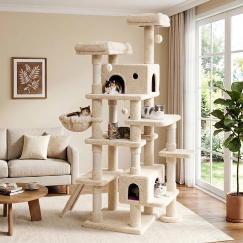 Amolife 82" Multi-Level Large Cat Tree Tower with Hiding Condos, Plush Basket and Scratching Posts, Heavy Duty, Beige