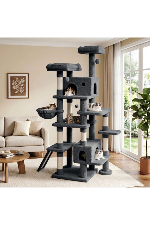 82" Multi-Level Large Cat Tree Tower with Hiding Condos, Plush Basket and Scratching Posts, Heavy Duty, Blue