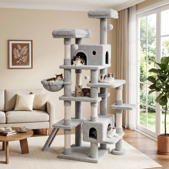 Amolife 82" Multi-Level Large Cat Tree Tower with Hiding Condos, Plush Basket and Scratching Posts, Heavy Duty, Gray