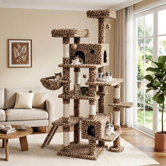 Amolife 82" Multi-Level Large Cat Tree Tower with Hiding Condos, Plush Basket and Scratching Posts, Heavy Duty, Leopard Print
