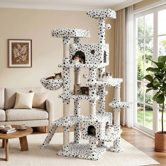 Amolife 82" Multi-Level Large Cat Tree Tower with Hiding Condos, Plush Basket and Scratching Posts, Heavy Duty, Small Black Spots