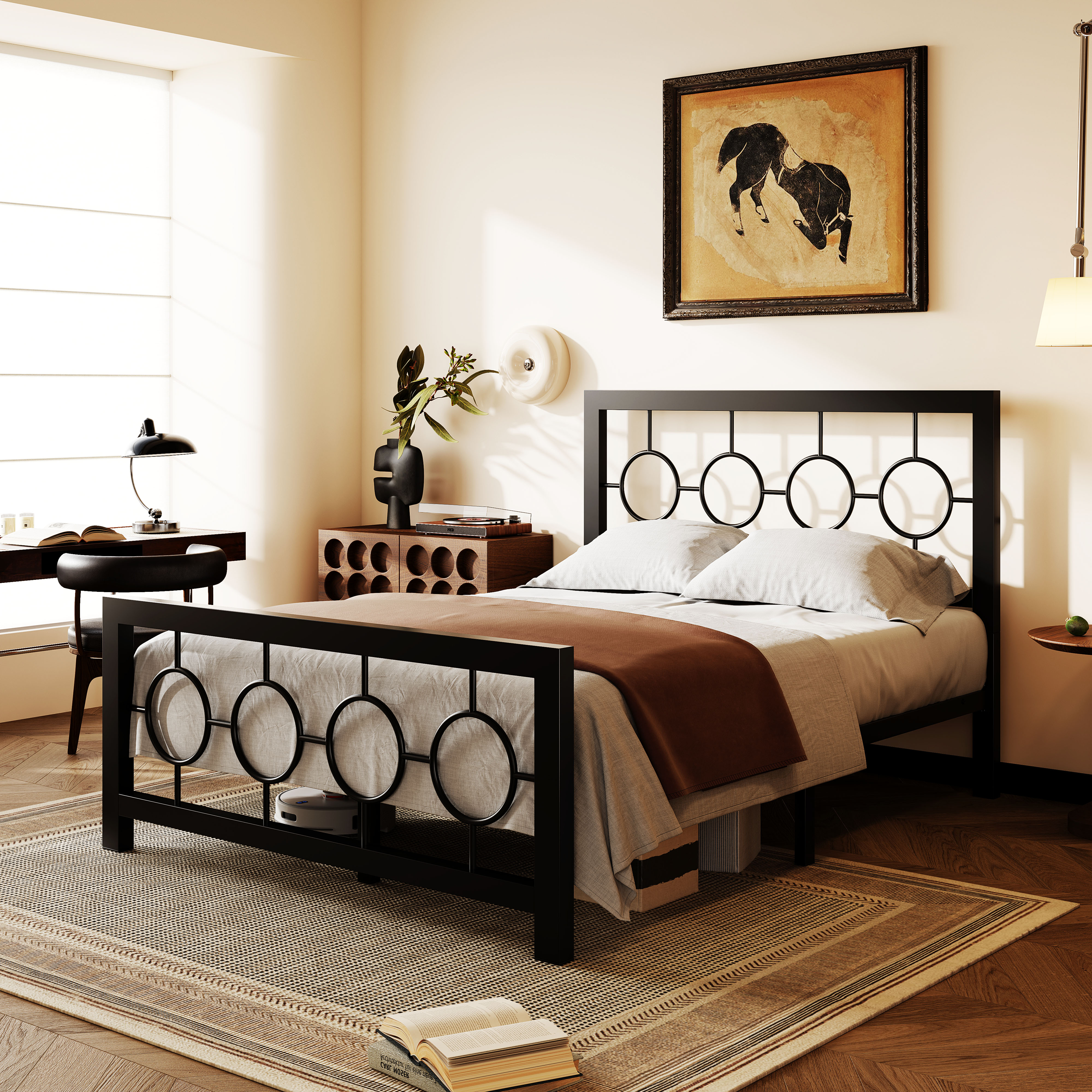 Mattress with Frame Headboard Metal Cowboy Statue Garden Animals Full