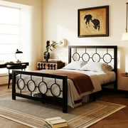 Amolife Full Size Bed Frame, Heavy Duty Metal Platform Bed with Vintage Circular Headboard & Footboard, Black