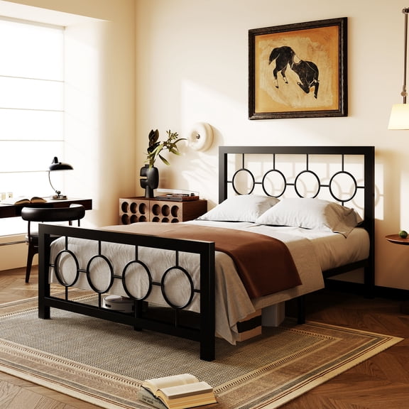 Amolife Full Size Bed Frame, Heavy Duty Metal Platform Bed with Vintage Circular Headboard & Footboard, Black