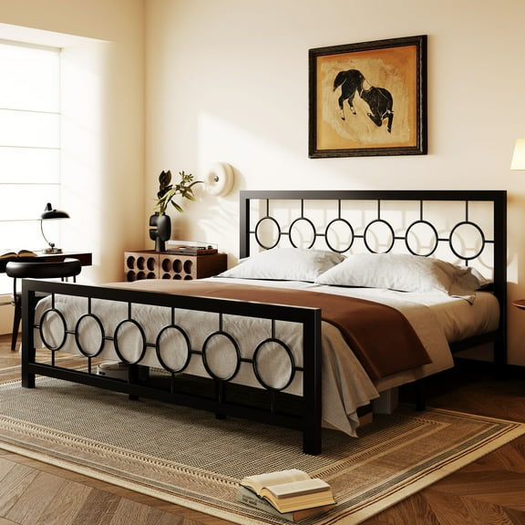 Amolife King Size Bed Frame, Heavy Duty Metal Platform Bed with Vintage Circular Headboard & Footboard, Black