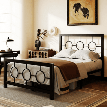 Amolife Black Twin Size Metal Platform Bed Frame with Circular Vintage Headboard & Footboard
