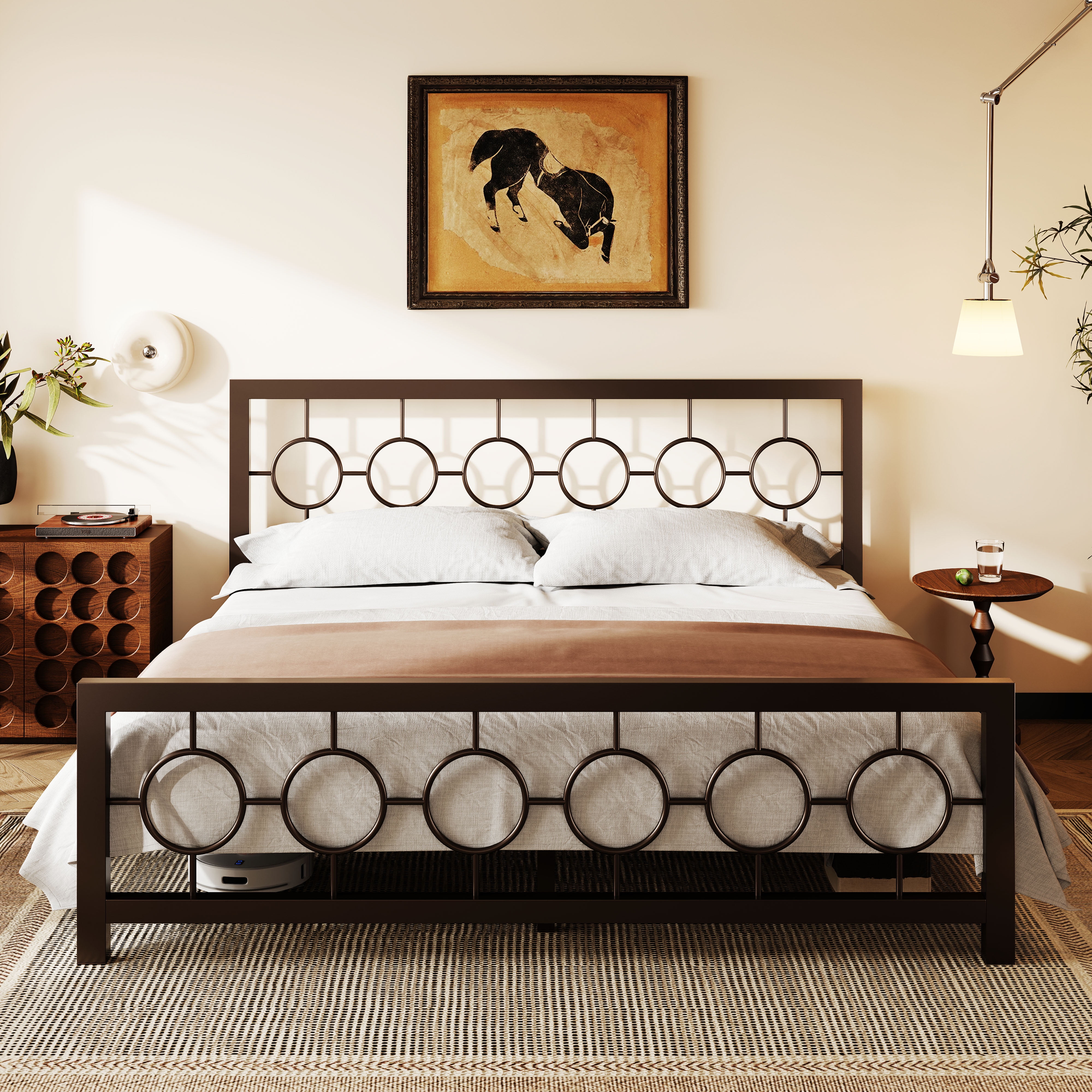 Amolife King Size Bed Frame, Heavy Duty Metal Platform Bed with Vintage Circular Headboard & Footboard, Brown