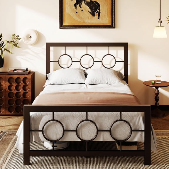 Amolife Twin Size Bed Frame, Heavy Duty Metal Platform Bed with Vintage Circular Headboard & Footboard, Brown