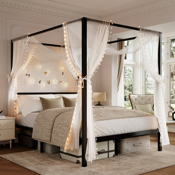 Amolife Full Bed Frame, Canopy Bed with Metal Headboard, No Box Spring Needed, Black
