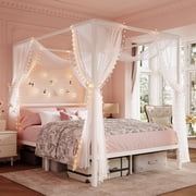 Amolife Full Bed Frame, Canopy Bed with Metal Headboard, No Box Spring Needed, White