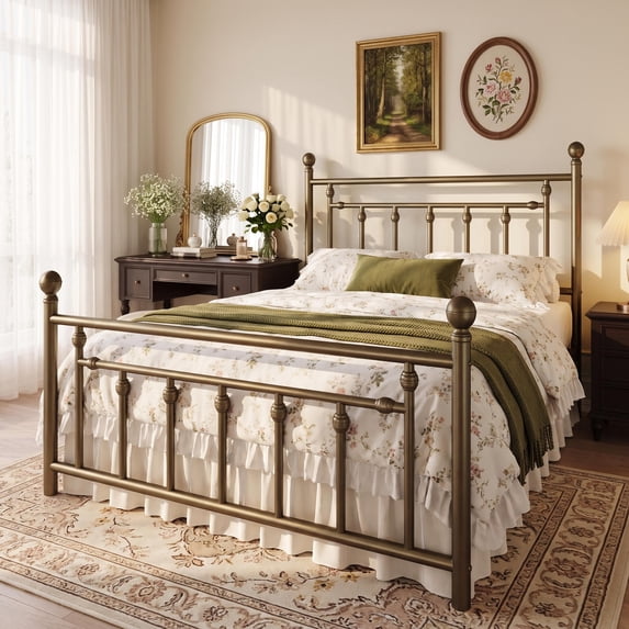 Amolife Full Bed Frame, Metal Platform Bed Frame with Vintage Pattern Headboard, Antique Bronze