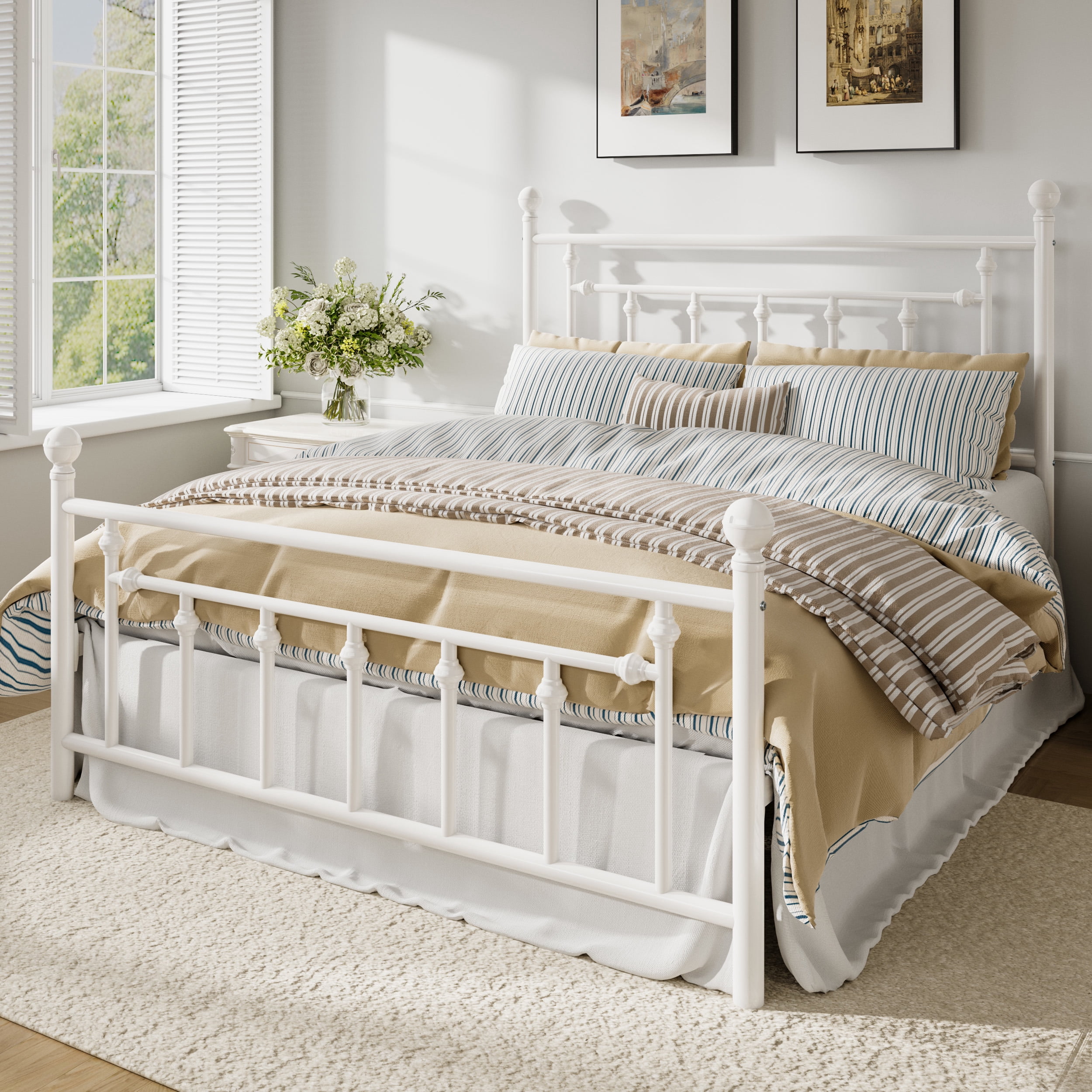 Amolife Full Bed Frame, Metal Platform Bed Frame with Vintage Pattern Headboard, White
