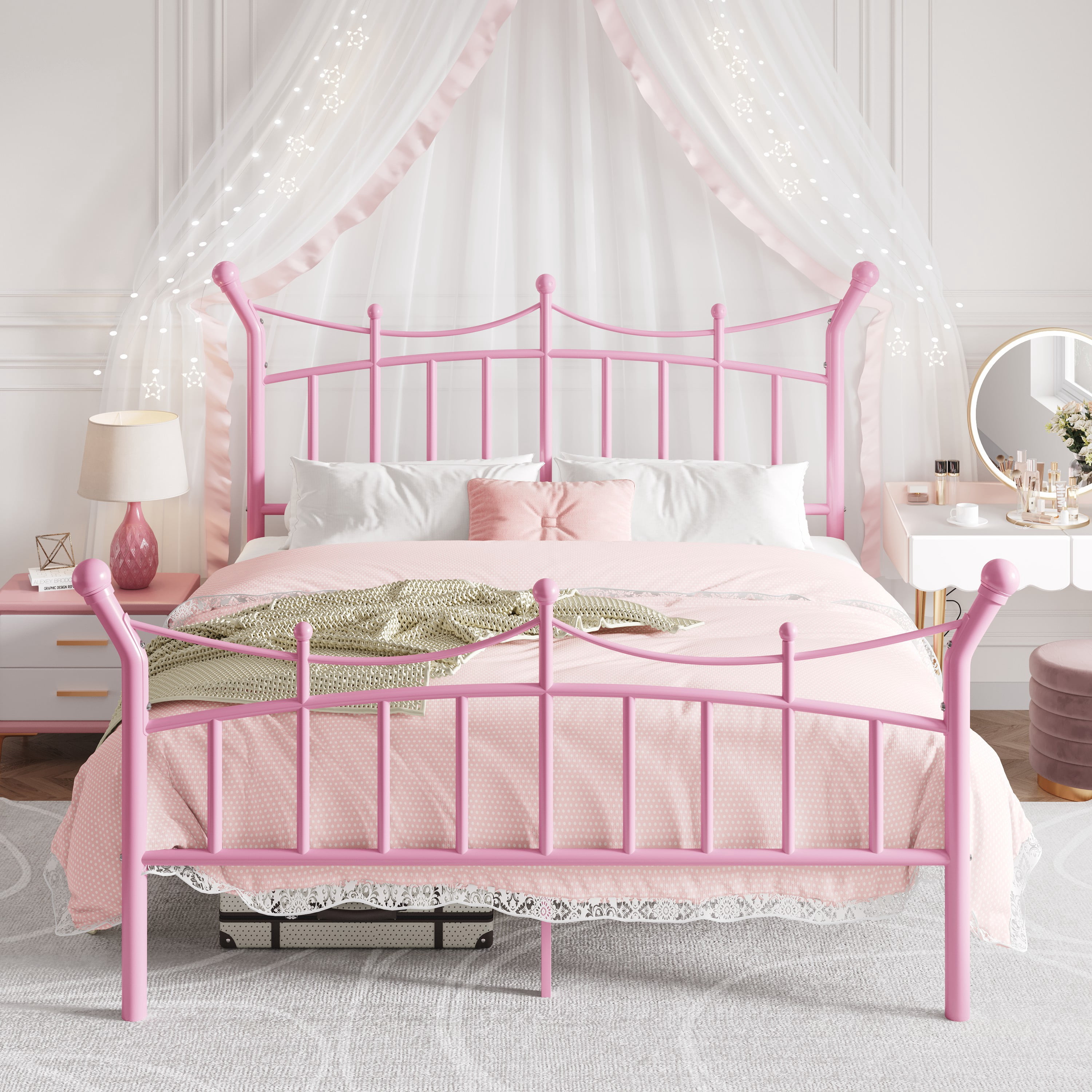 Amolife Full Bed Frame, Metal Platform Bed with Crown-Shaped Headboard and Footboard, 12.6'' Under-Bed Storage Space, No Box Spring Needed, Pink