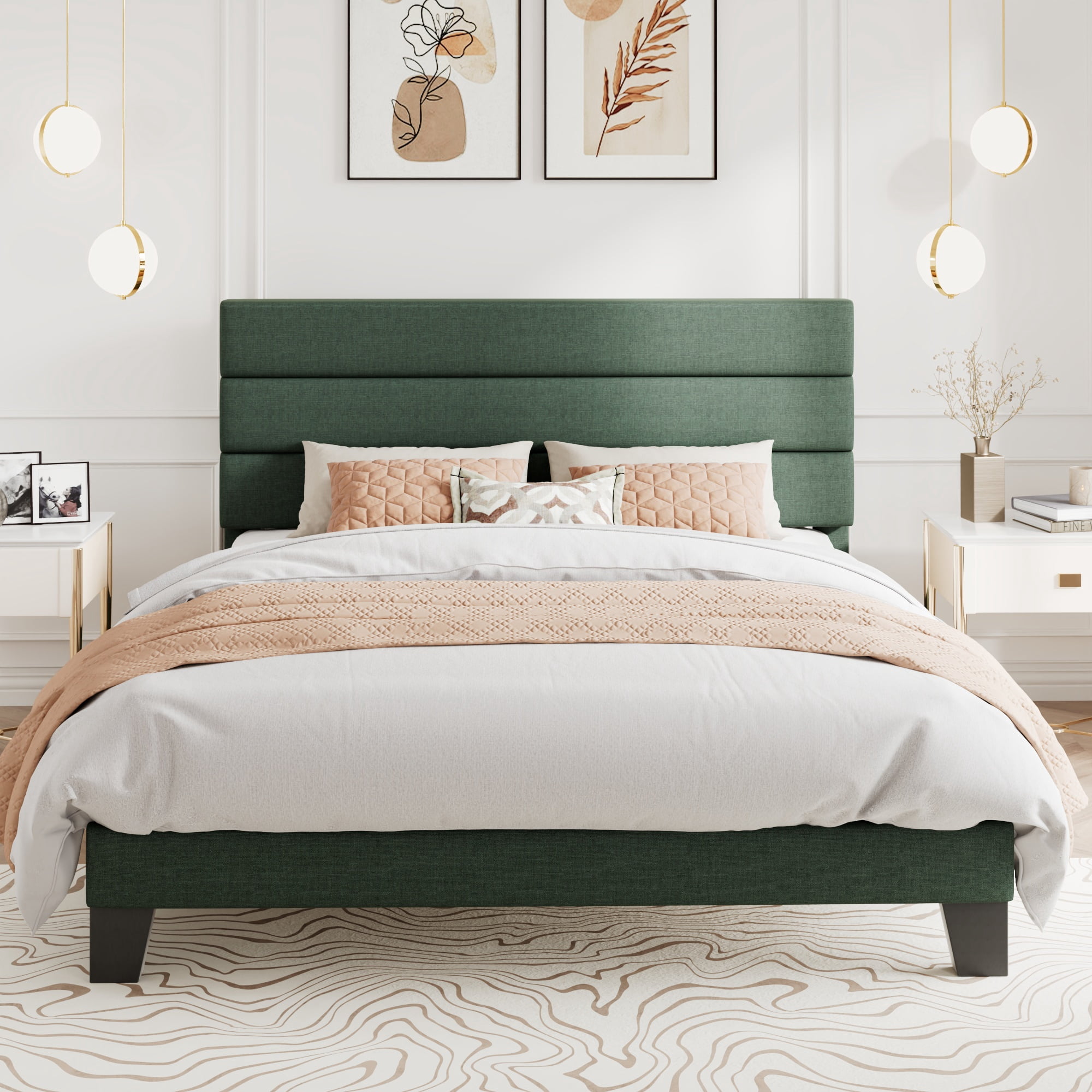 Amolife Full Bed Frame, Platform Bed Frame with Chenile Fabric Upholstered Slat Headboard, Green