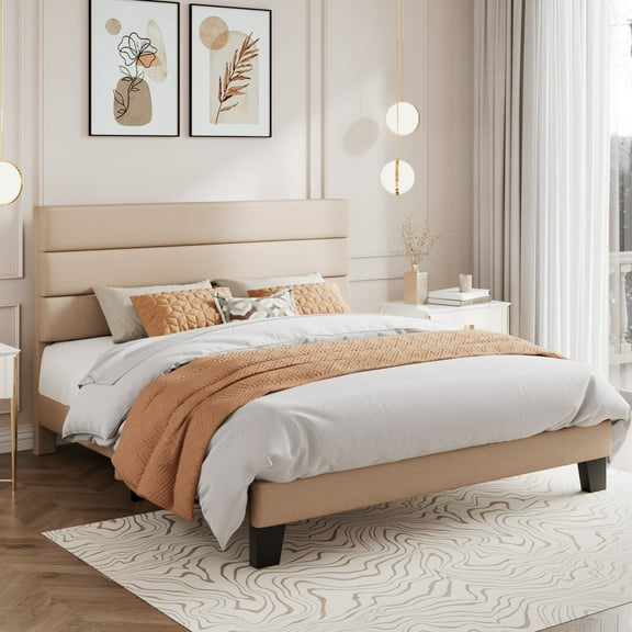 Amolife Full Bed Frame, Platform Bed Frame with Fabric Upholstered Headboard, Beige