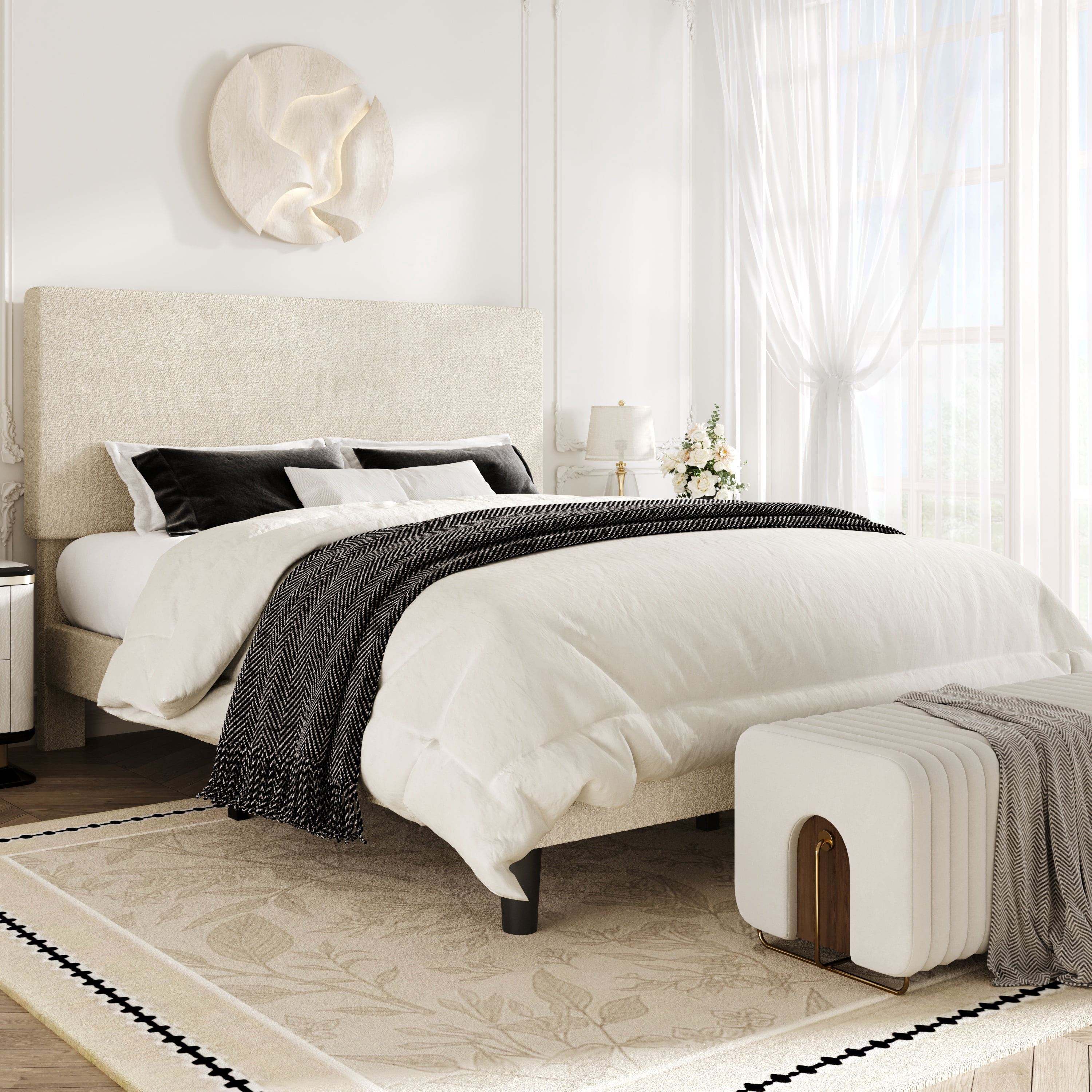 Amolife Full Bed Frame, Platform Bed Frame with Upholstered Adjustable Headboard, Cream White, Nubby Fabric