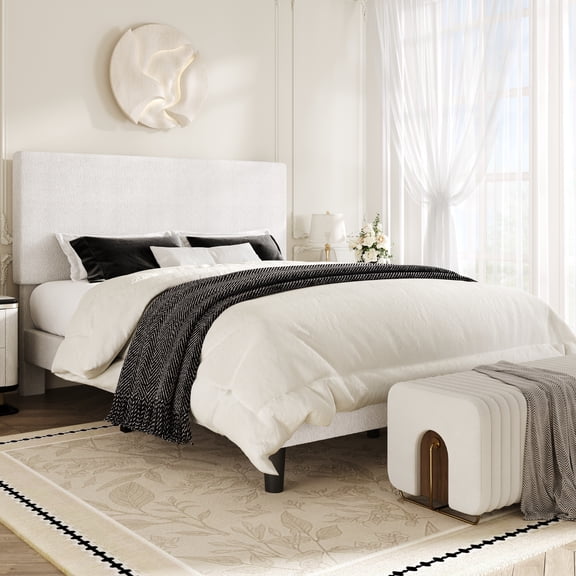 Amolife Full Bed Frame, Platform Bed Frame with Upholstered Adjustable Headboard, White, Nubby Fabric